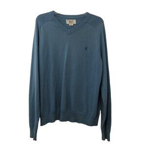 Penguin by Munsingwear Mens Sweater Sz Large Blue V-Neck Long Sleeve 100% Cotton